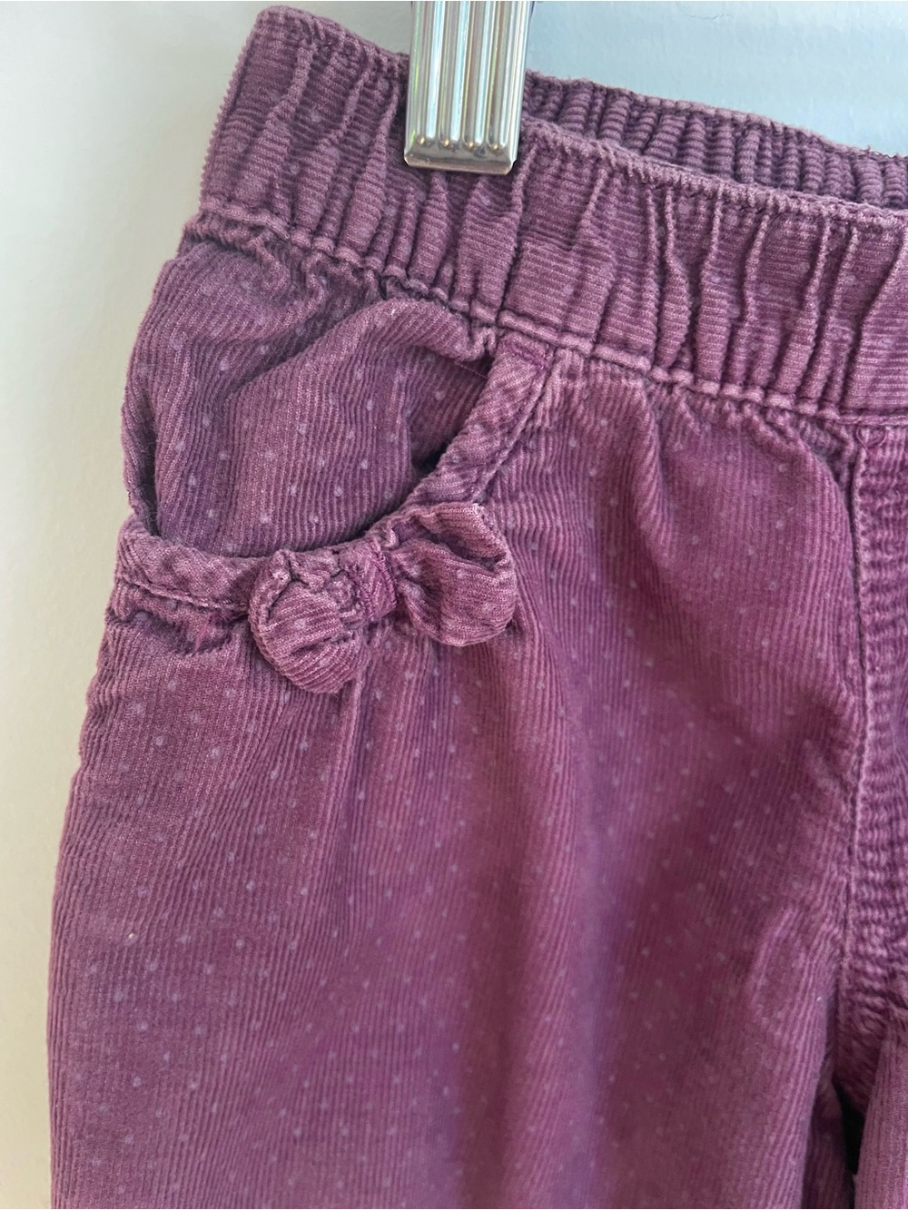 $5 💥Girls Corduroy Pants, Tiny Purple Polka Dots, Soft Narrow Wale, Fabric Bow